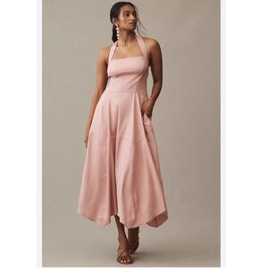 BY ANTHROPOLOGIE STRETCH LINEN HALTER MIDI DRESS